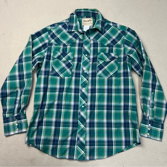 Wrangler Other - Wrangler Shirt Mens Large Blue Green Plaid Pearl Snap Western Cowboy Long Sleeve